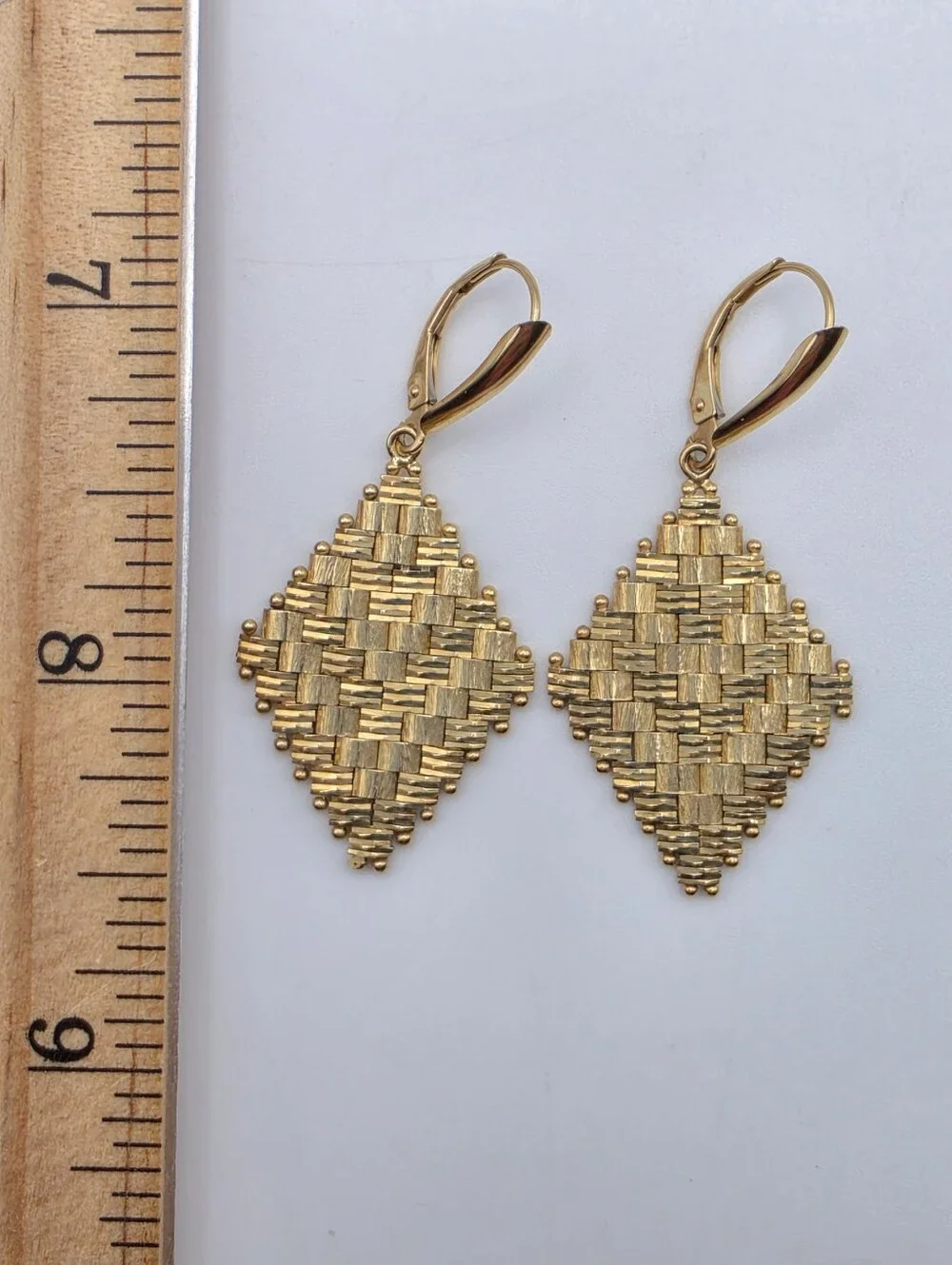 VTG 14K Yellow Gold Imperial Woven Basket Weave Diamond Drop Earrings 7.86g
